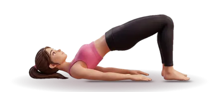A figure lies on its back seen from the side, shoulders and feet on the floor, knees bent and hips lifted, arms resting by the sides.