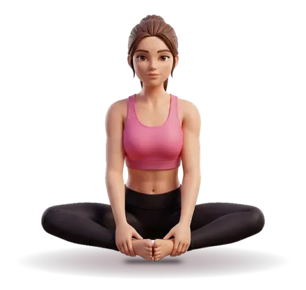 A figure sits facing you with the soles of the feet together, knees open wide and hands reaching down to hold the feet.