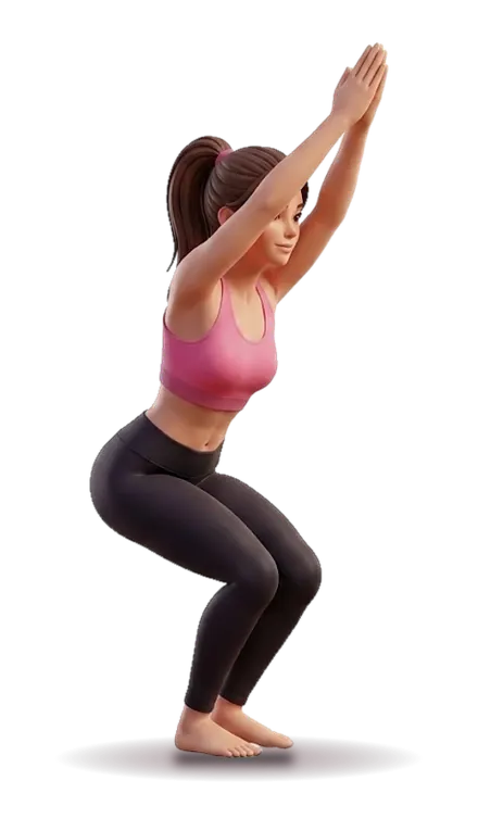A figure seen from the side sits back with knees bent and hips low, chest leaning a little forward and arms reaching up.