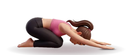 A figure kneels seen from the side, hips resting on the heels, chest folded over the thighs, forehead down and arms stretched forward on the floor.