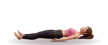 A figure lies flat on its back seen from the side, legs long and arms resting by the sides, fully relaxed.