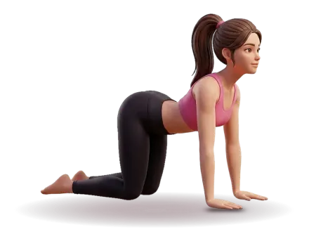 A figure on hands and knees seen from the side, belly dropped low, chest forward and gaze lifted.