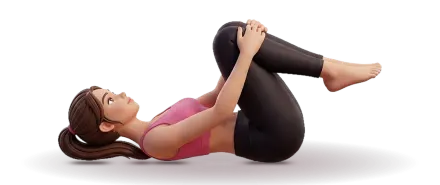A figure lies on its back seen from the side, head and shoulders on the mat, both knees drawn in toward the chest with hands holding the shins below the knees.