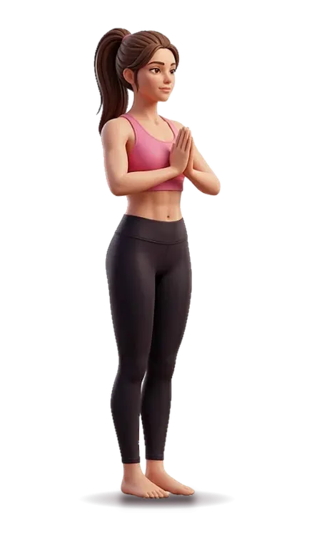 A figure stands tall facing you, feet hip width apart, palms pressed together in front of the chest.