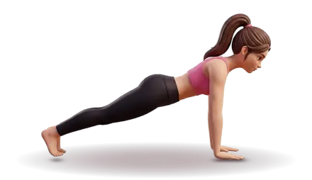 A figure seen from the side holds a plank on straight arms, body in one straight line from head to heels.