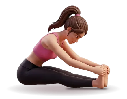 A figure sits on the floor seen from the side, legs stretched forward, folding over the legs with hands holding the feet.