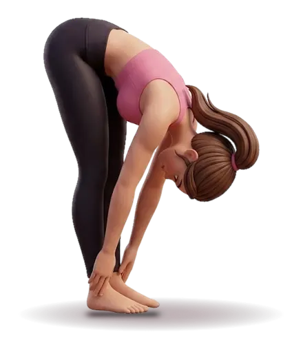 A figure seen from the side folds forward from the hips with long legs, head hanging and hands reaching down to the feet.