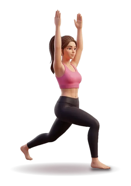 A figure seen from the side lunges with the front knee bent over the ankle, the back leg long with the heel down, and both arms reaching overhead.
