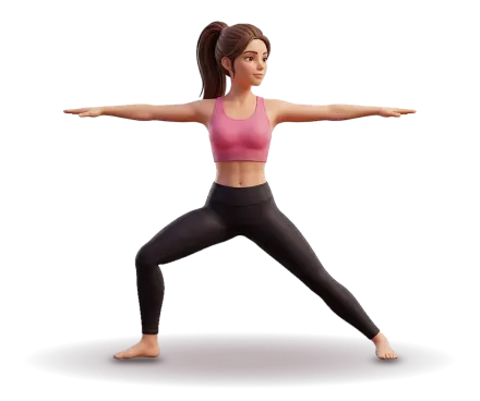A figure faces you in a wide stance with the front knee bent over the ankle, the back leg straight and both arms stretched out wide.