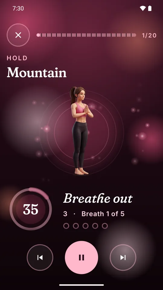 A pose being held, with the breath ring around the figure and the words Breathe in.