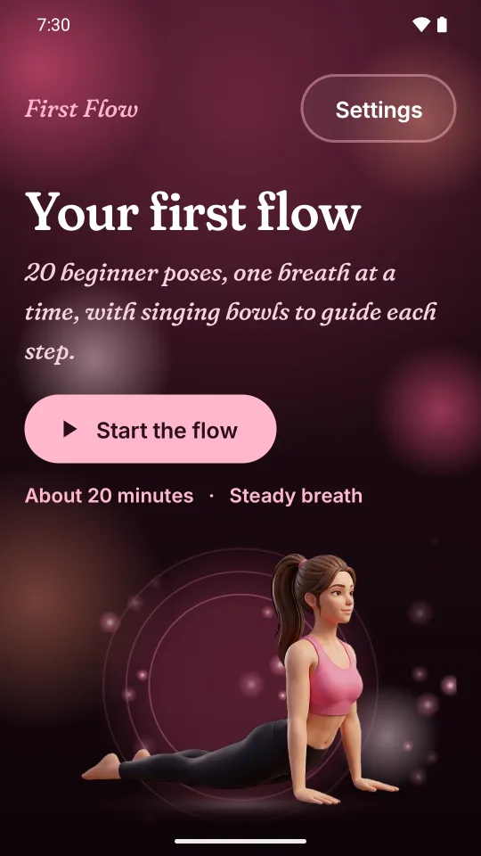 The First Flow home screen with a start button and the list of poses.